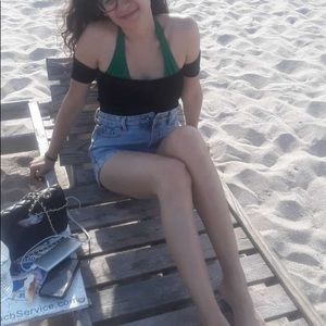 Crop top with attached sleeves black ribbed size s